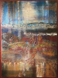 Zwischen Himmel und Erde Acryl auf Leinwand und Kakaosack. B80xH120 2020