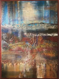 Zwischen Himmel  und Erde Acryl auf Leinwand  und Kakaosack. B80xH120 2020