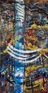 syn     odos Acryl auf Kakaosack 180x95cm 2022 bei Dr. Hagen Franke