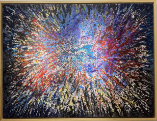 Raum Acryl auf Leinwand  und Kakaosack. B120xH90 2025