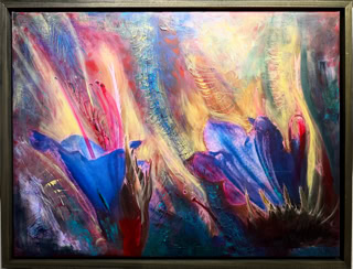 Brennende Blumen       Acryl auf Leinwand, Collage B80xH60 2024 